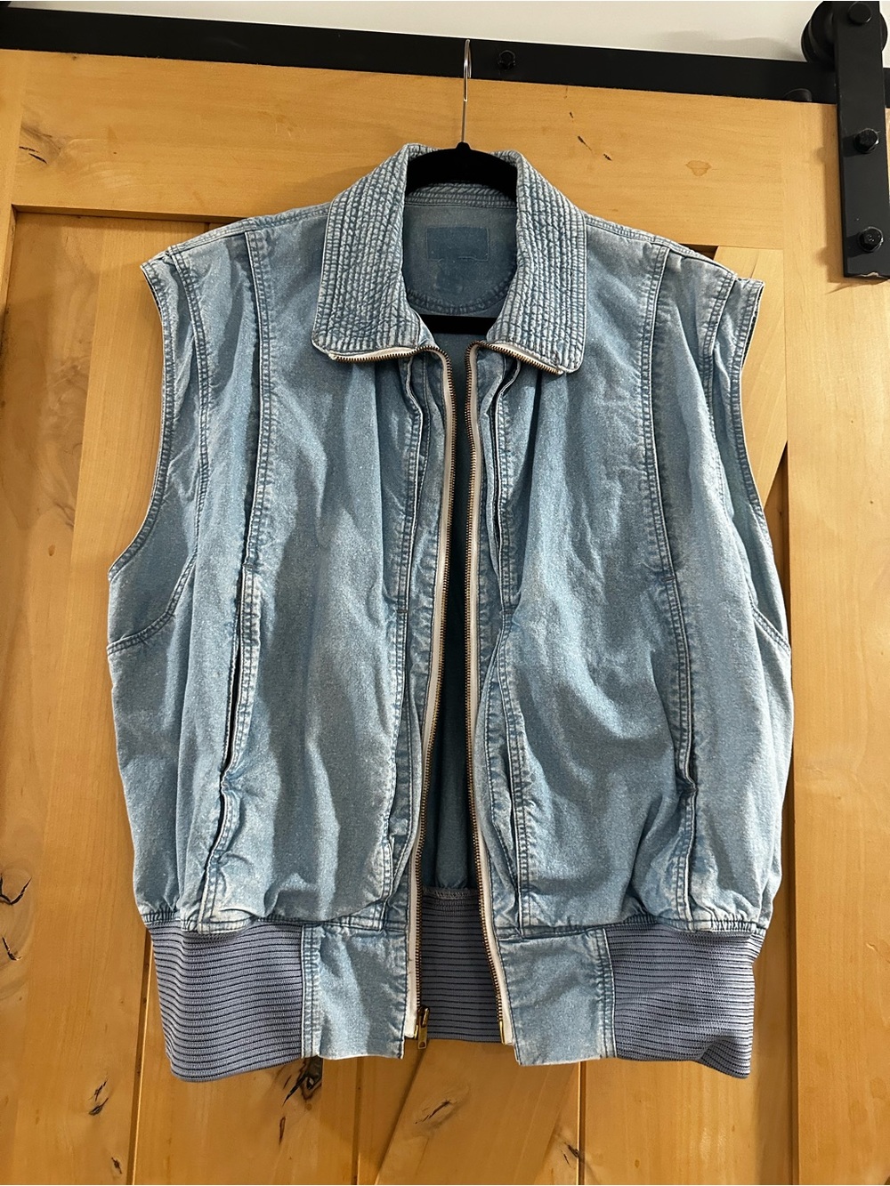 Light Blue Women's Denim Vest with Ribbed Hem